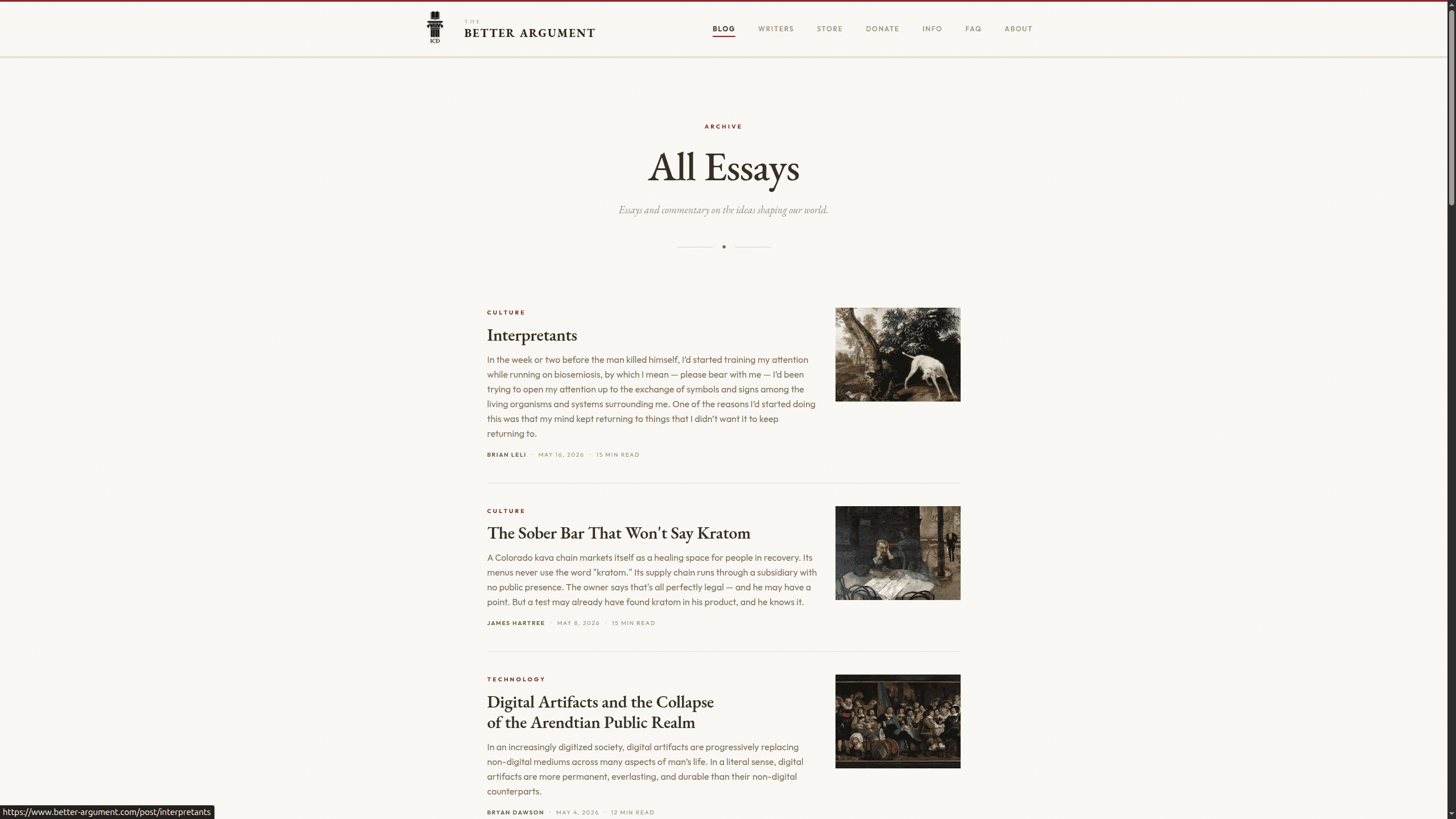 The essay archive: editorial typography carried across every category.