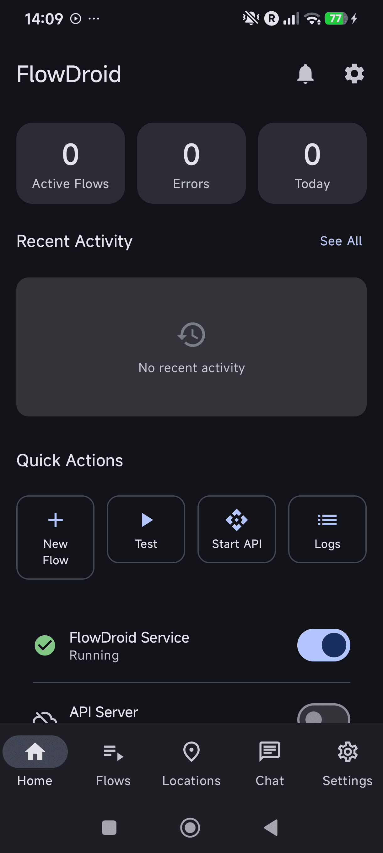 The home dashboard: active flows, service status, and quick actions at a glance.