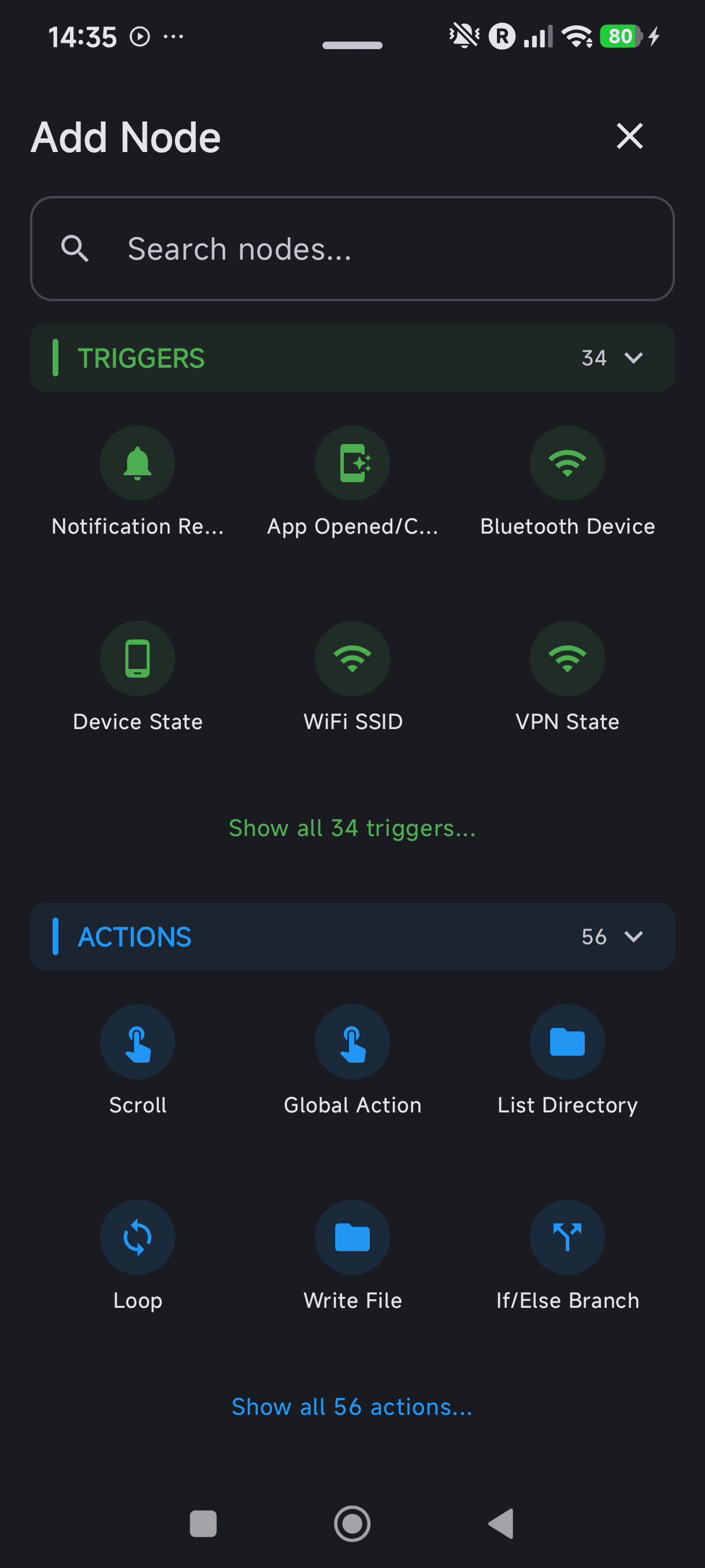 The node palette: 34 triggers and 56 actions to assemble any automation.