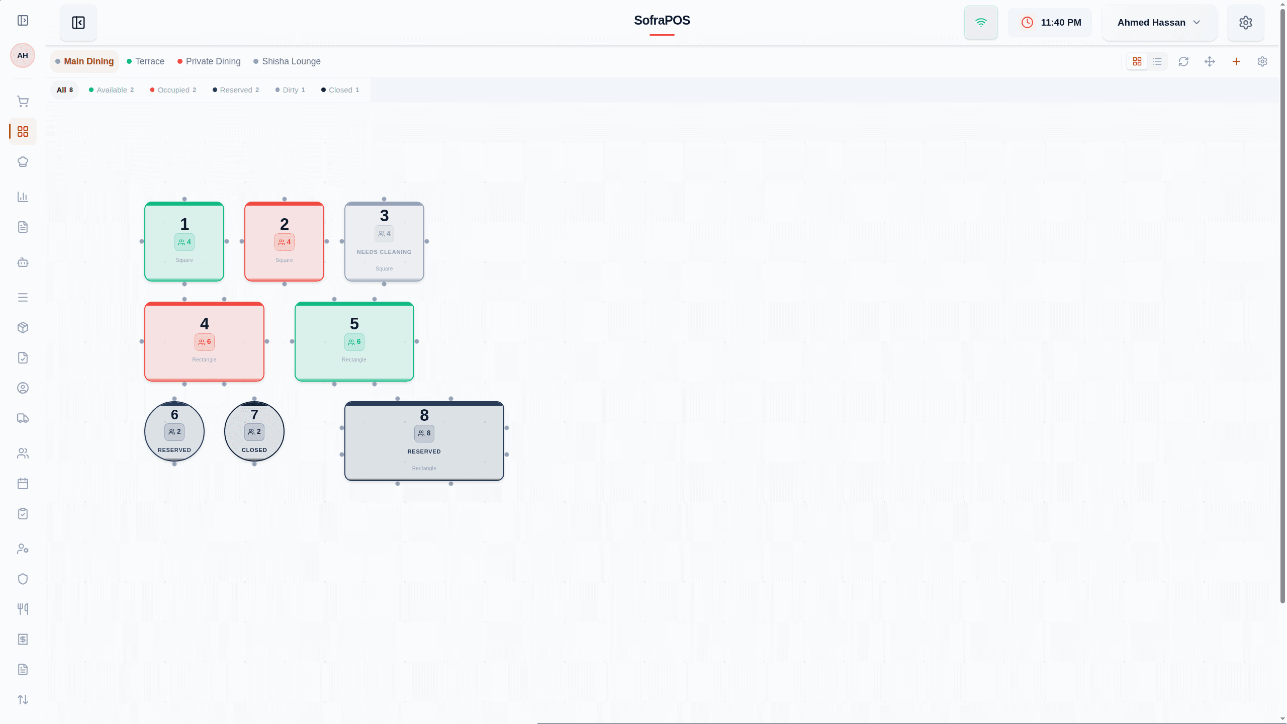 The floor planner: drag-and-drop tables with live status across every dining area.