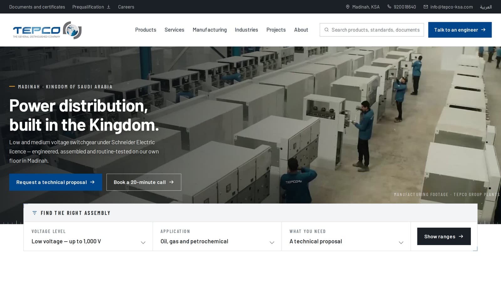 TEPCO KSA homepage in English. The headline "Power distribution, built in the Kingdom." sits over factory footage of switchgear cabinets being assembled, above a "Find the right assembly" selector.